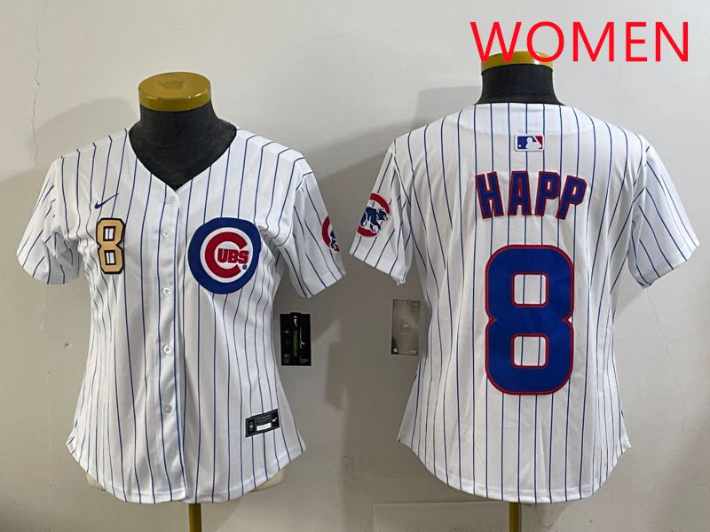 Women 2025 Chicago Cubs #8 Happ White Stripe Game Nike MLB Jersey style 2